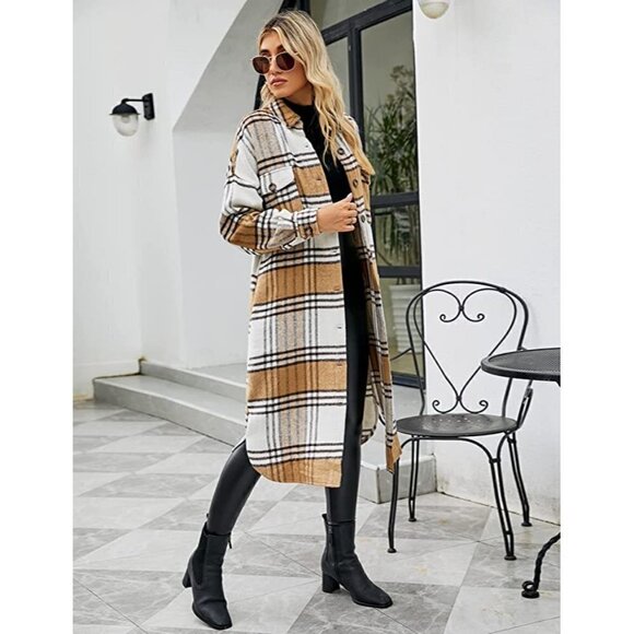 𝅺CASUAL Tan Plaid Button Down Long Puff Sleeve Trench Coat Jacket Shacket Wool - Picture 7 of 10
